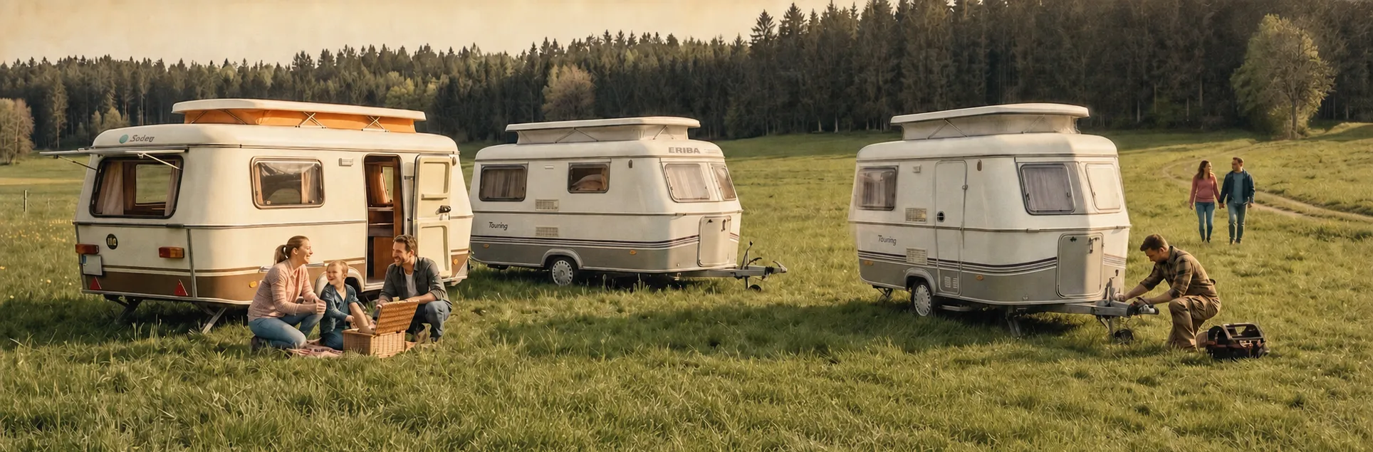 Klassische Touring-Wohnwagen auf einer Wiese
